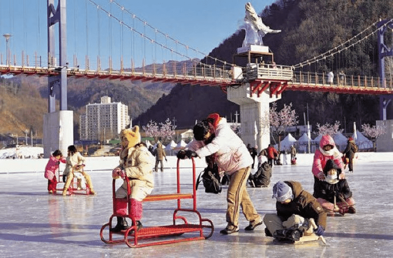 Sled on the frozen river at the Hwacheon Sancheoneo Ice Festival